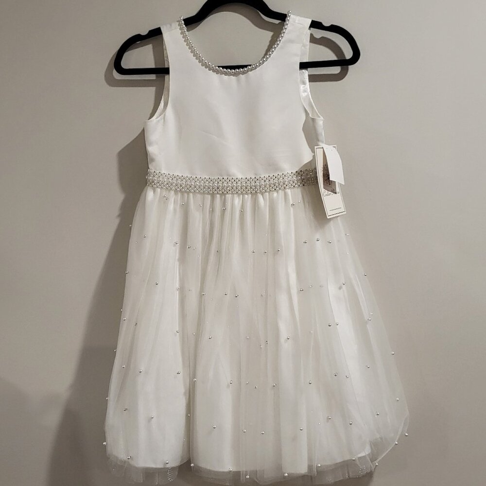 Couture Princess White Satin Tulle Pearl Rhinsetone Dress